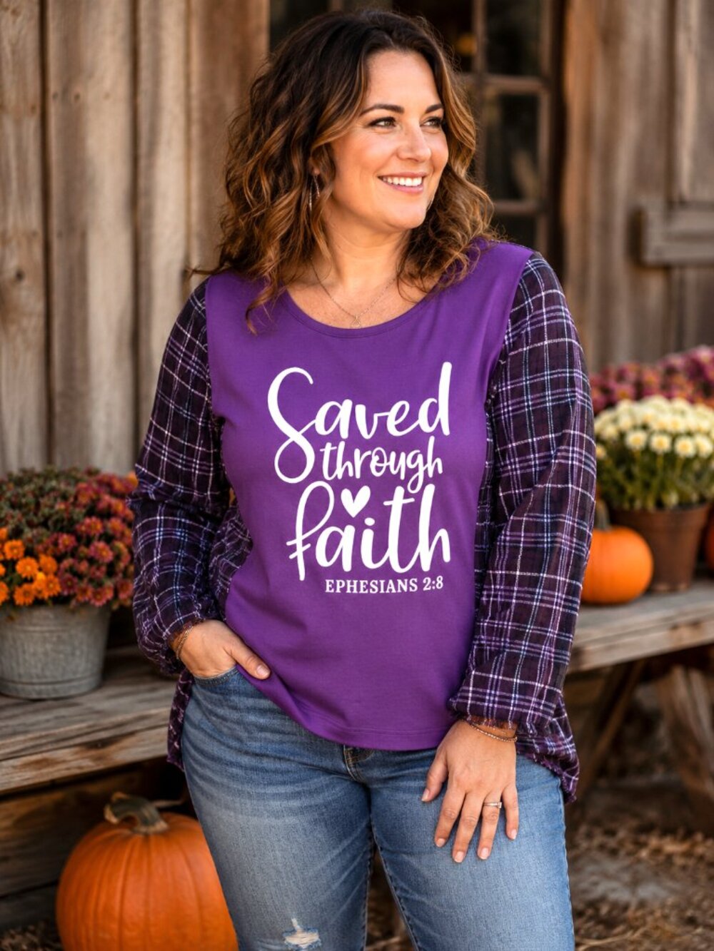 Upcycled Flannel Shirt Oversized Christian Faith Graphic T-Shirt Size L-XL